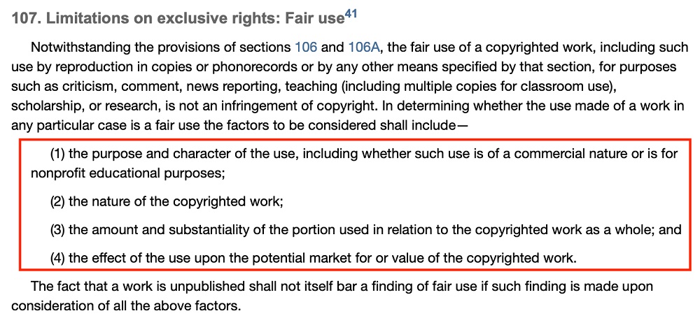 USA Copyright Law Title 17 Chapter 1 Section 107: Limitations on exclusive rights: Fair use section