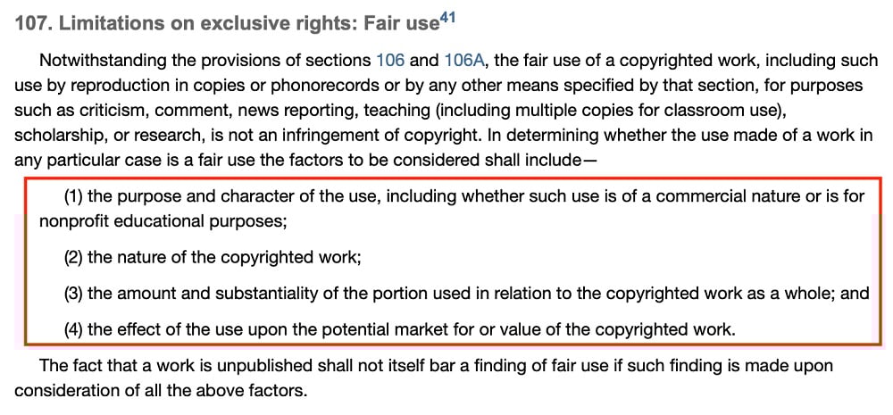 USA Copyright Law Title 17 Chapter 1 Section 107: Limitations on exclusive rights: Fair use section