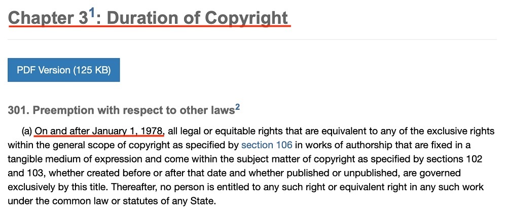 USA Copyright Law Title 17 Chapter 3: Duration of Copyright - Section 301: Preemption with respect to other laws section