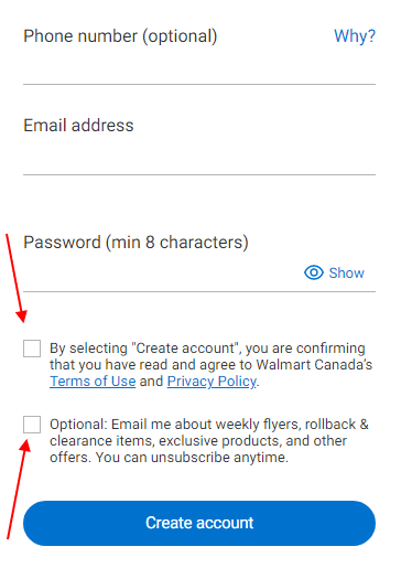 Walmart Canada Create Account form with checkboxes highlighted