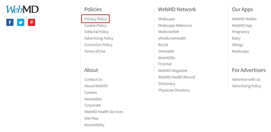 WebMD website footer with Privacy Policy link highlighted