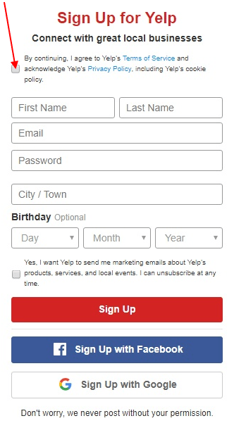 Yelp sign-up form with I Agree checkbox highlighted