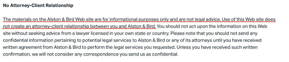 Alston and Bird Law Firm: No Attorney Client Relationship disclaimer