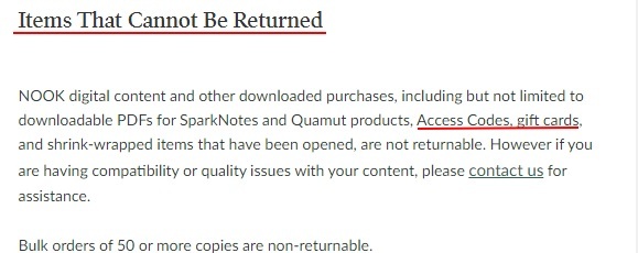 Barnes and Noble Refund and Return Policy: Items that Cannot be Returned section