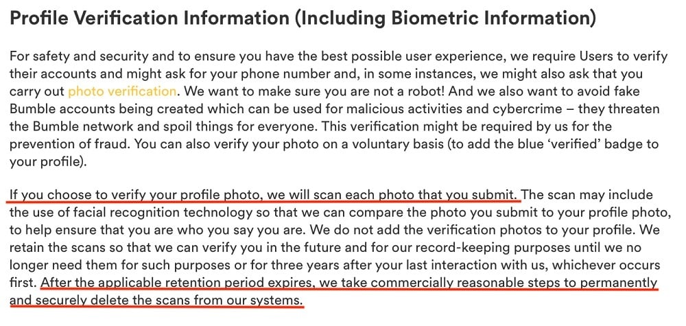 Bumble Privacy Policy: Profile Verification Information Including Biometric Information clause