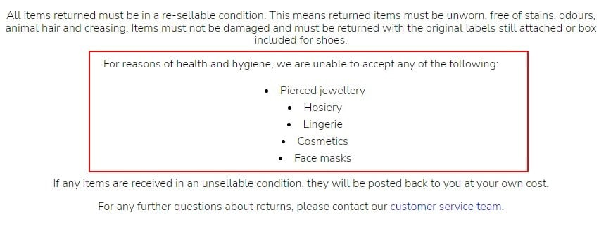 Collectif Clothing Returns: No refunds section highlighted