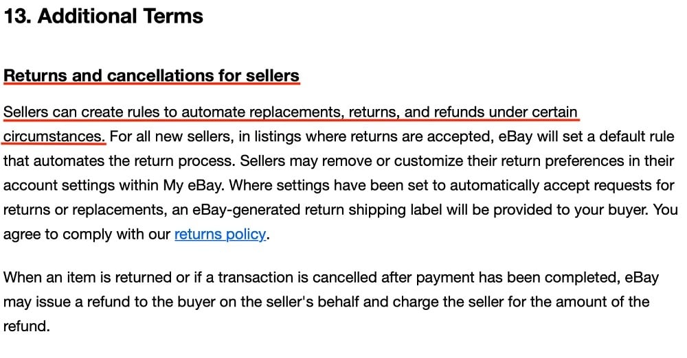 eBay User Agreement: Returns and Cancellations for Sellers clause