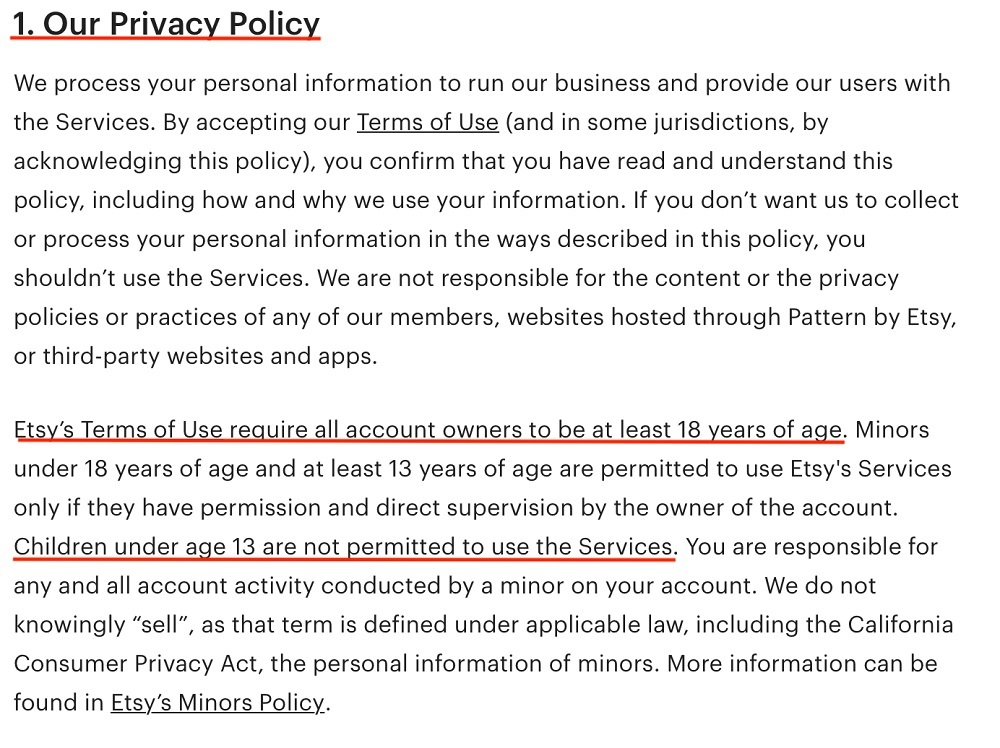 Etsy Privacy Policy: Intro clause with children and age limit sections highlighted