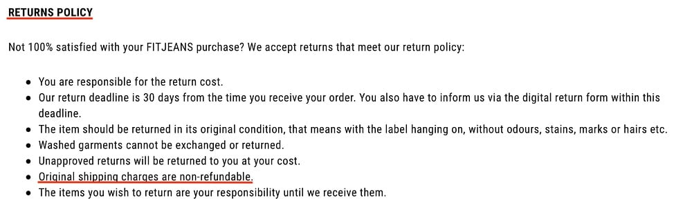FITJEANS Returns Policy: Shipping charges non-refundable section highlighted