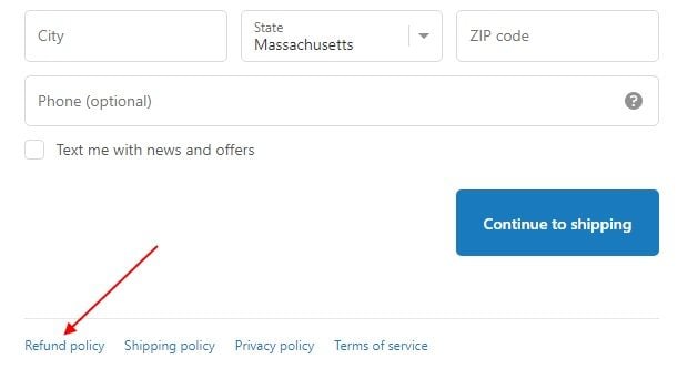 FLEO checkout page footer with Refund Policy link highlighted