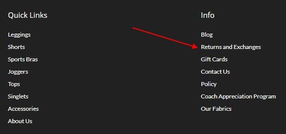 FLEO website footer with Returns and Exchanges Policy link highlighted