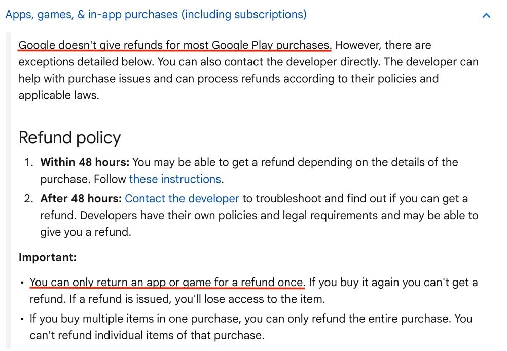 Google Play Refund Policy excerpt