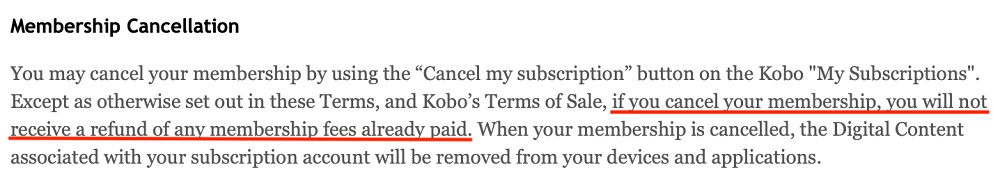 Kobo Terms of Use: Membership Cancellation clause