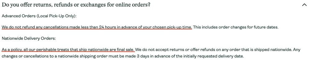 Magnolia Bakery FAQ: Refunds section