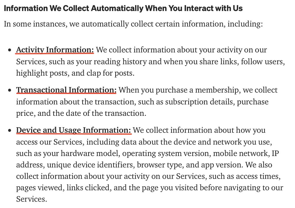 Medium Privacy Policy: Information We Collect Automatically When You Interact with Us clause excerpt