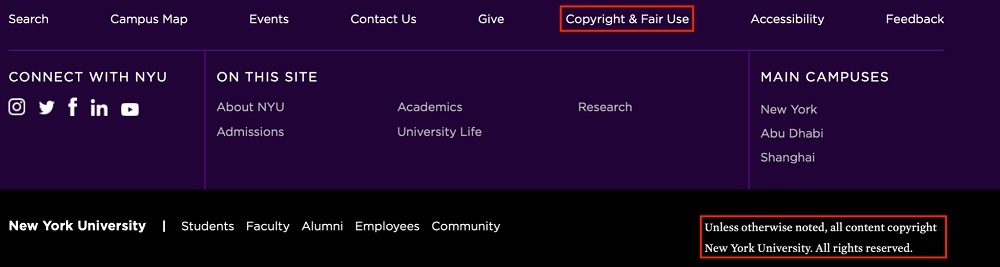 NYU website footer with copyright notice, policy and fair use link highlighted