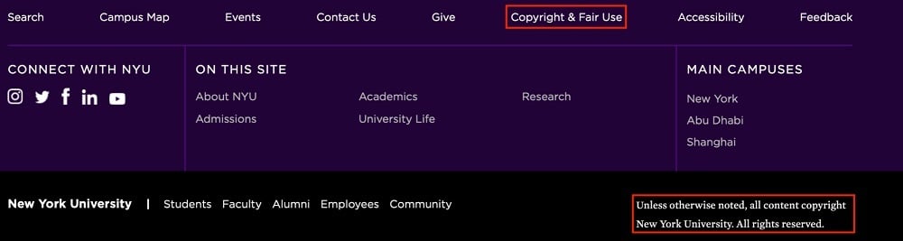 NYU website footer with copyright notice, policy and fair use link highlighted