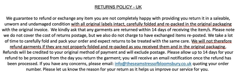 The Seamstress of Bloomsbury Returns Policy UK: Conditions of returns sections highlighted