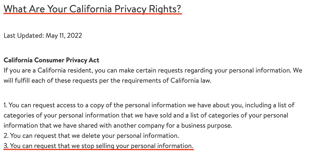Walmart California Privacy Rights page - CCPA section