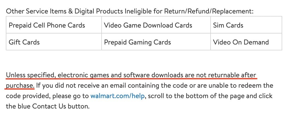 Walmart Return Policy: Service Items and Digital Products Ineligible for Return Refund Replacement section