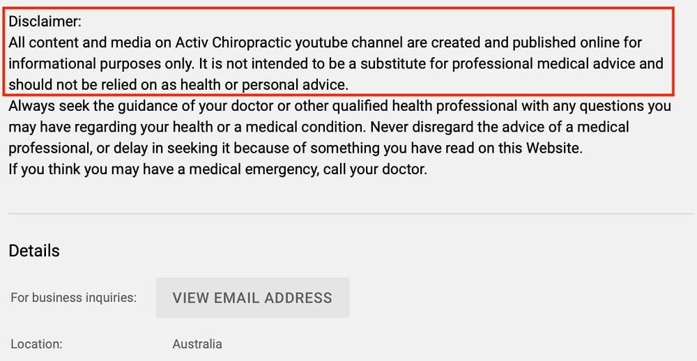 Activ Chiropractic YouTube channel About section with Disclaimer highlighted