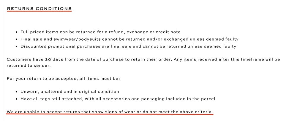 BEC and Bridge Returns Policy: Returns Conditions clause