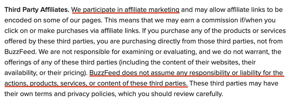 BuzzFeed User Agreement: Third Party Affiliates clause