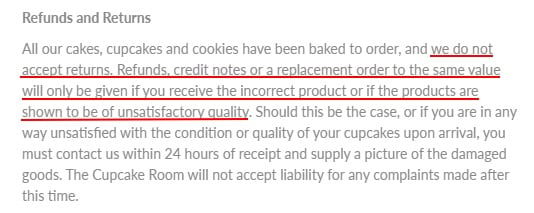 The Cupcake Room Terms and Conditions: Refunds and Returns clause