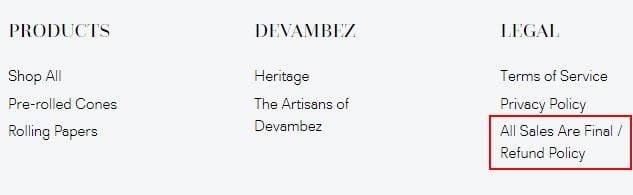 Devambez website footer with Refund Policy and All Sales Final Policy link highlighted