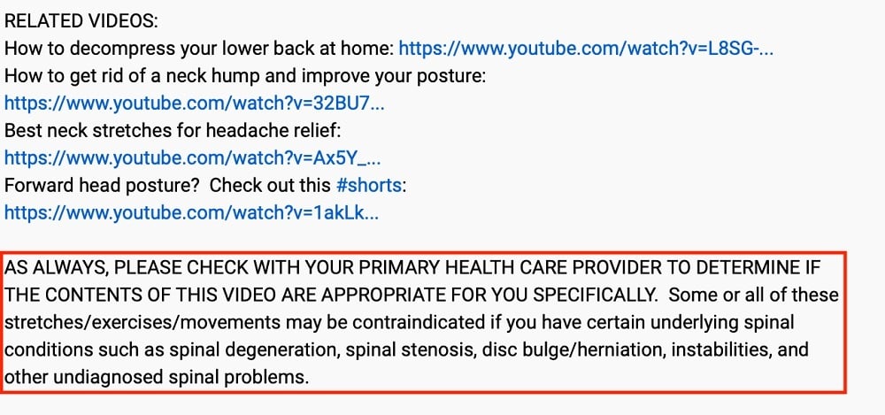 Doctor John Saunders YouTube video description with the disclaimer highlighted