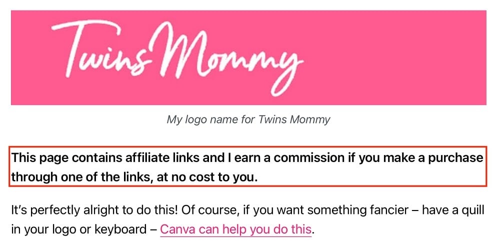 Ella Cain blog post with Affiliate link disclaimer highlighted