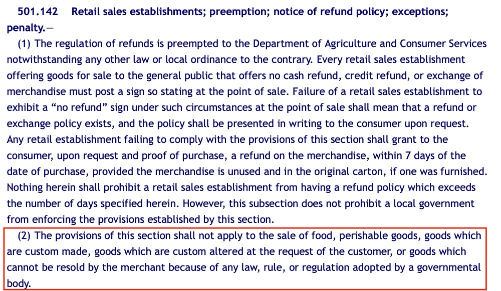 Florida Statutes Section 501 142: Retail sales establishments preemption notice of refund policy exceptions penalty