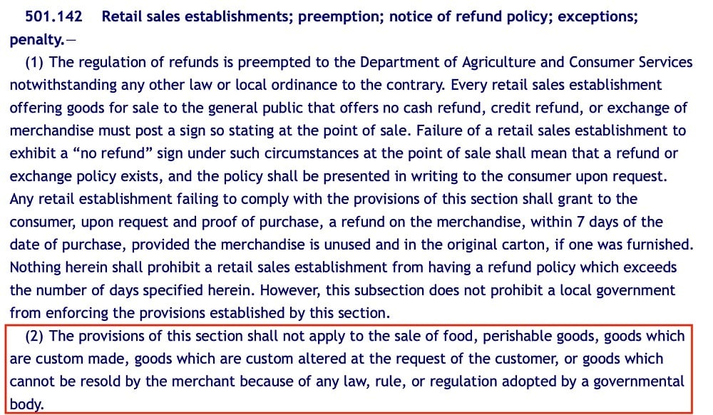 Florida Statutes Section 501 142: Retail sales establishments preemption notice of refund policy exceptions penalty