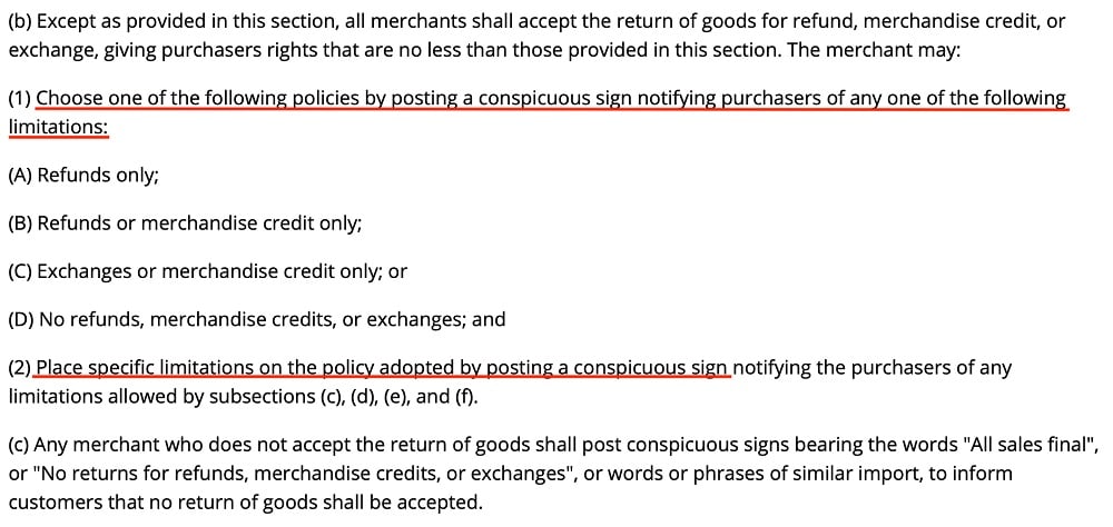 Hawaii Code Section 481B 5 5b1: Conspicuous sign for refunds