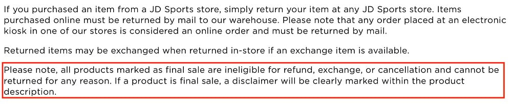 JD Sports FAQ: Return Policy section with final sale highlighted
