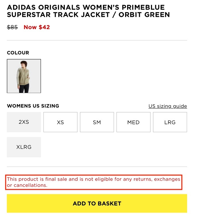 JD Sports Sale product page with final sale and no returns disclaimer highlighted
