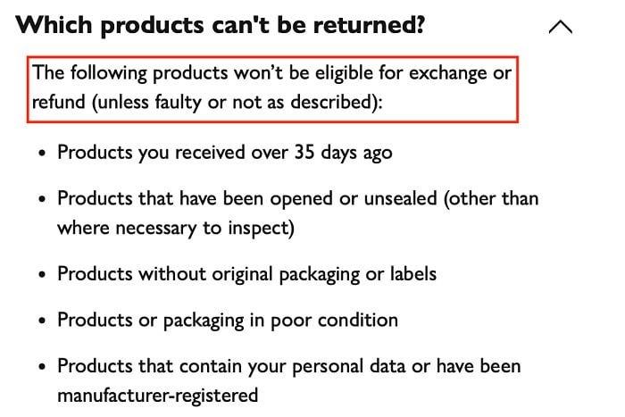 John Lewis Returns Policy: Which products cannot be returned section