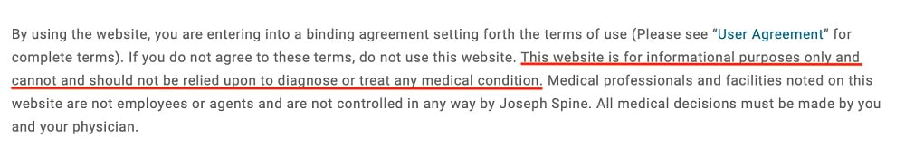 Joseph Spine Institute disclaimer with Informational Purposes Only and Medical disclaimer highlighted