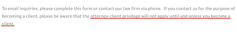 Kennyhertz Perry Contact Form with No attorney client privilege disclaimer highlighted