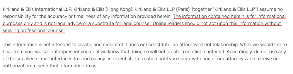 Kirkland and Ellis LLP Disclaimer with Informational Purposes Only section highlighted