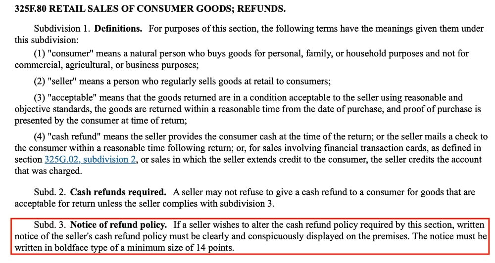 Minnesota Statutes Section 325F 80: Retail Sales of Consumer Goods - Refunds