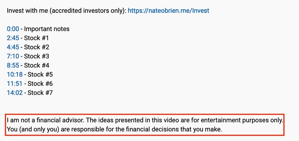 Nate O'Brien YouTube Financial Advice Disclaimer