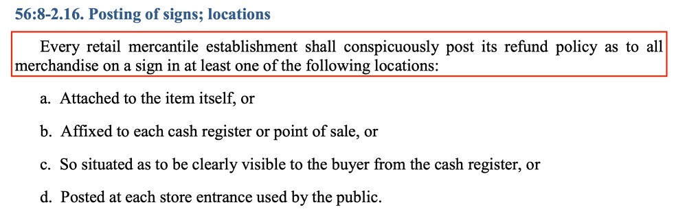 New Jersey Consumer Fraud Act Section 56 8 2 16: Posting of signs - Locations