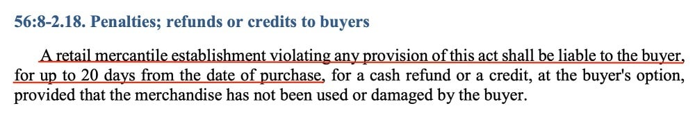 New Jersey Consumer Fraud Act Section 56 8 2 18: Penalties - Refunds or credits to buyers