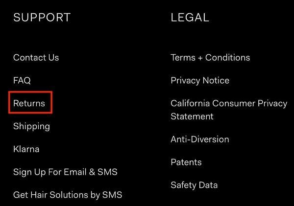 Olaplex website footer with Returns link highlighted