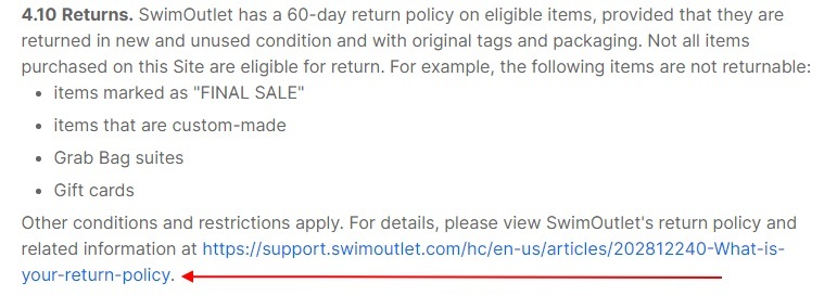 Swim Outlet Terms of Use: Returns clause