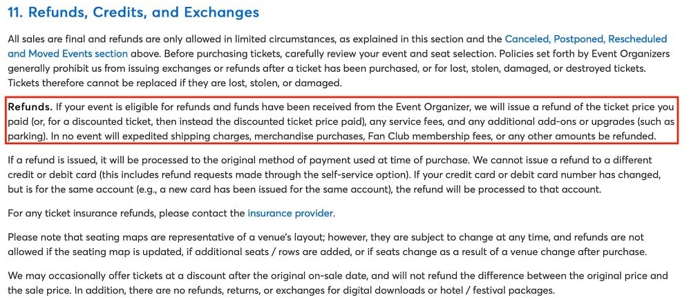 Ticketmaster Purchase Policy: Refunds Credits and Exchanges clause