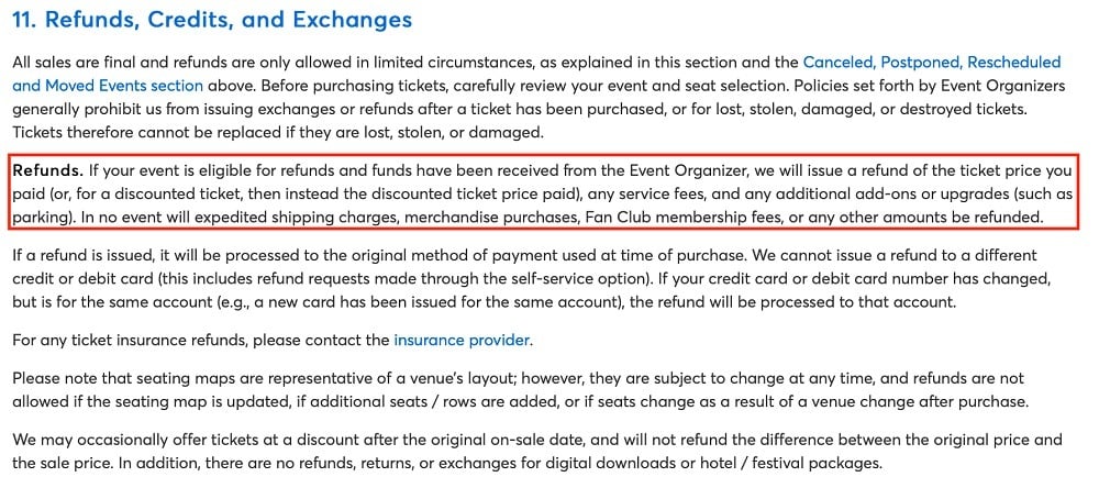 Ticketmaster Purchase Policy: Refunds Credits and Exchanges clause