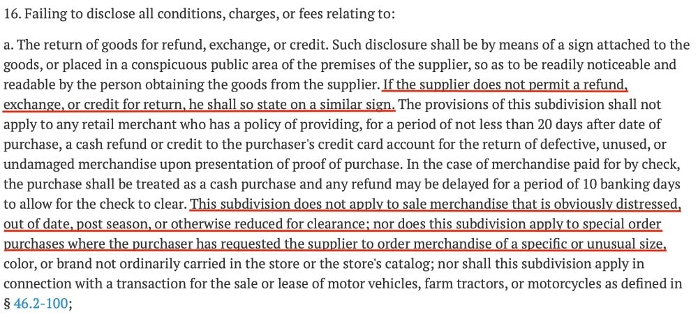 Virginia Consumer Protection Act Section 59 1 200A 16: Failing to disclose all conditions charges or fees relating to