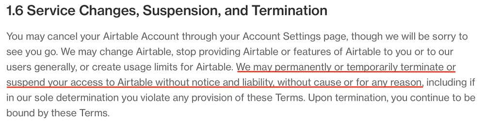 Airtable Terms of Service: Service Changes, Suspension and Termination